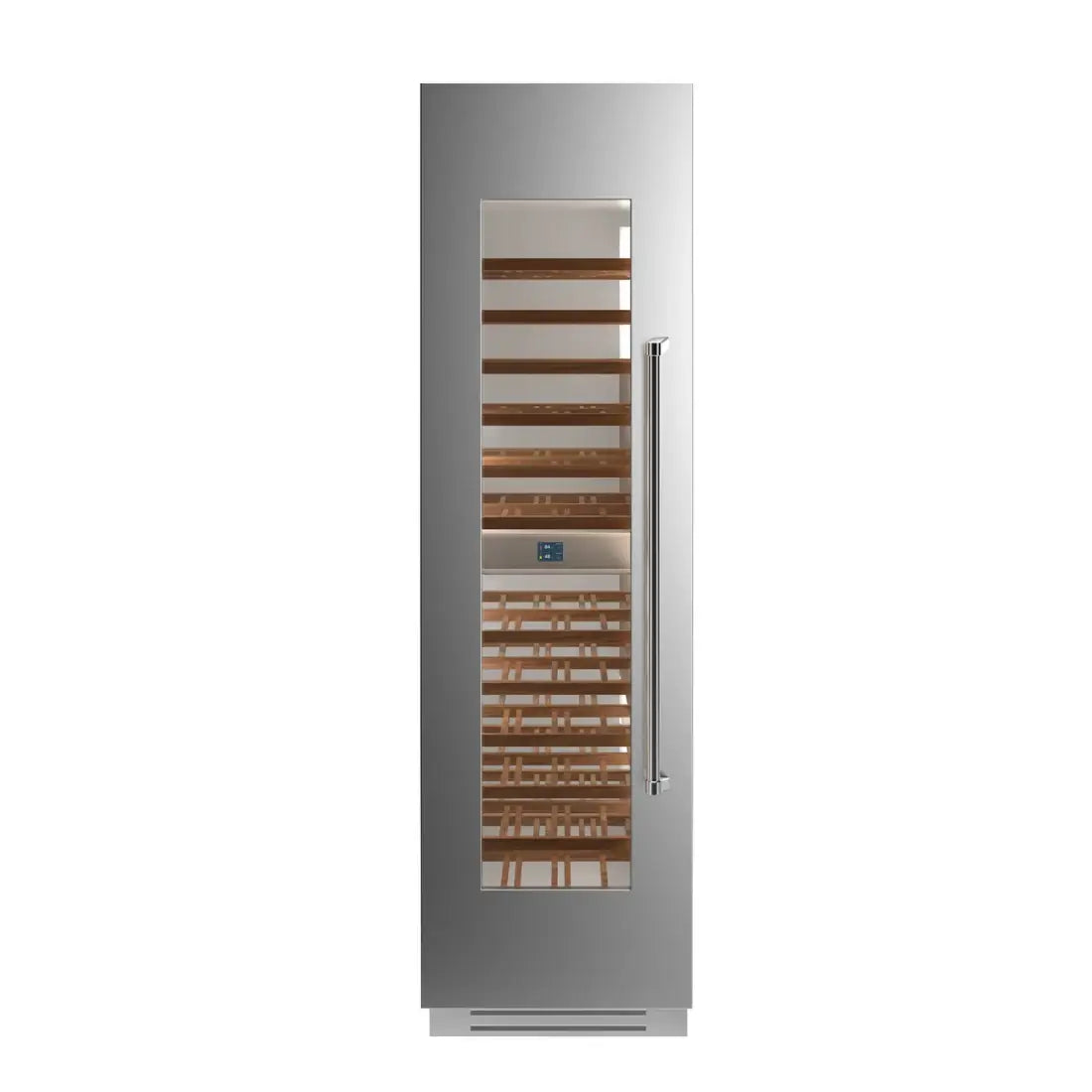 Adega Bertazzoni Master Inox 80 garrafas, design elegante com portas em inox e prateleiras de madeira.